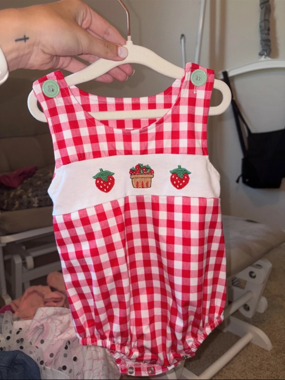Red Gingham Strawberry Embroidered Baby Romper